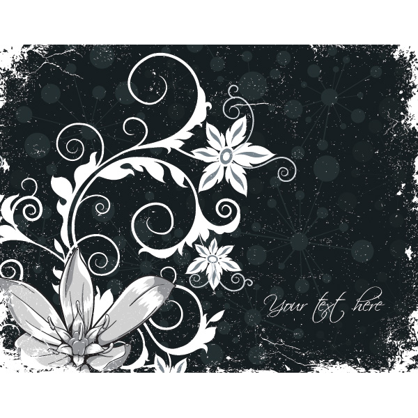 Black Grunge Background with Floral Elements white web vector unique ui elements swirl stylish splatter quality original new interface illustrator high quality hi-res HD grunge grey graphic fresh free download free flowers floral eps elements download dots detailed design dark creative black background   