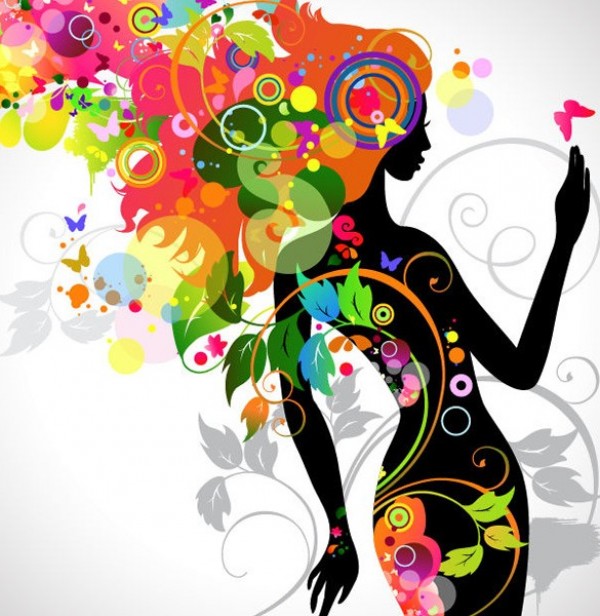 Colorful Floral Girl Silhouette Vector Background web vector unique stylish silhouette quality original illustrator high quality graphic girl silhouette fresh free download free floral download design creative colorful background abstract   