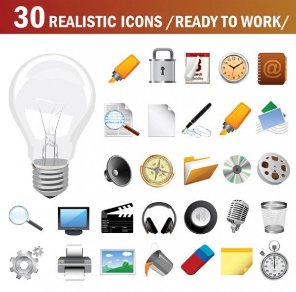 30 Realistic Practical Web Vector Icons Mix web vector unique ui elements timer stylish quality printer original new monitor microphone marker lock light bulb interface illustrator icons icon horm high quality hi-res headphones HD graphic fresh free download free film reel elements download detailed design creative compass clapper   