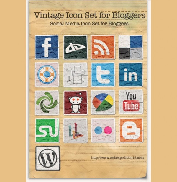 17 Vintage Social Media Icon Vector Set wrinkled web vintage vector unique ui elements stylish social media icons social retro quality original new networking interface illustrator icons icon high quality hi-res HD grunge graphic fresh free download free elements download detailed design creative bookmarking   
