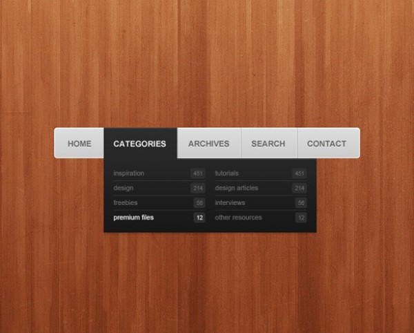 Web UI Navigation with Dark Submenu PSD web unique ui elements ui submenu stylish silver quality psd original new navigation modern menu interface hi-res HD grey fresh free download free elements dropdown download detailed design dark creative clean black   