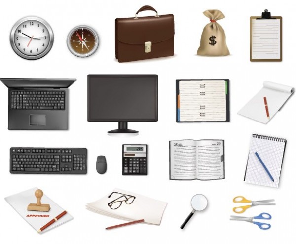 18 Business Office Vector Icons Set web vector unique ui elements stylish stationary stamp scissors quality original office icon office notebook new monitor money bag laptop keyboard interface illustrator icons icon high quality hi-res HD graphic fresh free download free elements download detailed design creative clock clipboard calculator business briefcase   