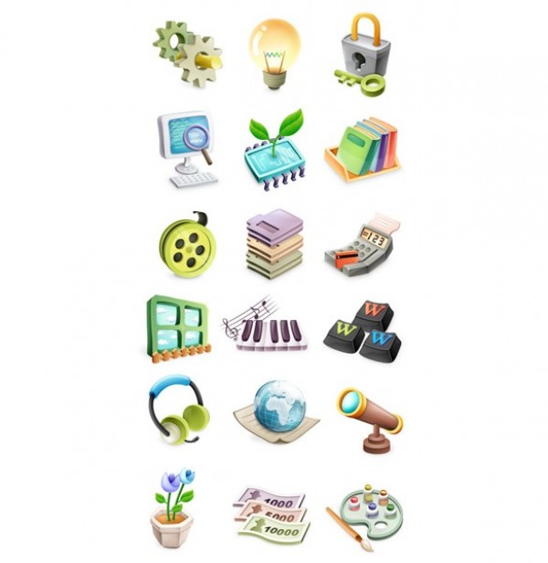 18 Cartoon Style 3D Vector UI Icons Set window web vector unique ui elements telescope stylish set reel quality plant piano keyboard paint palette padlock original new light bulb interface illustrator icons high quality hi-res HD graphic globe fresh free download free elements download detailed design creative computer colorful cartoon icons cartoon books 3d   