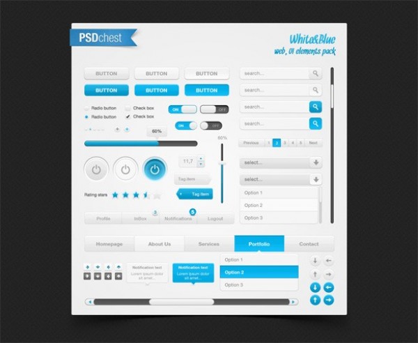 Blue/White Web UI Elements Kit PSD white web unique ui set ui kit ui elements ui toggles tags switches stylish sliders search fields radio buttons quality power buttons pagination original new navigation modern kit interface input field hi-res HD grey fresh free download free elements dropdown download detailed design creative clean blue   
