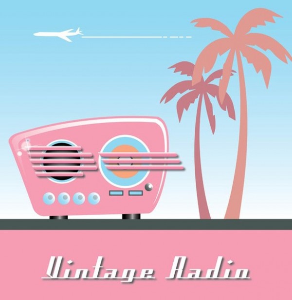 Retro Radio with Tropical Vector Background web vintage vector unique tropics tropical stylish retro radio retro radio quality pink radio palm trees original illustrator high quality graphic fresh free download free download design creative background 50's. fifties   