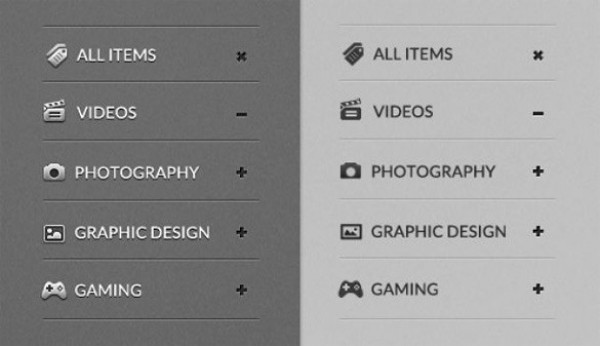 Grey Categories Menu with Icons PSD web unique ui elements ui stylish quality psd original new modern light interface icons hi-res HD grey fresh free download free elements download detailed design dark creative clean category categories menu   