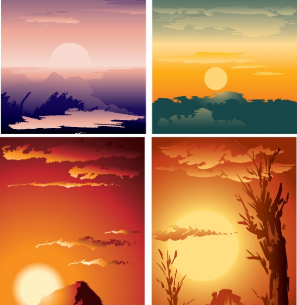 4 Glorious Sunrise Sunset Vector Landscapes web vectors vector graphic vector unique ultimate ui elements sunset sunrise sun silhouette setting sun scene quality psd png photoshop pack original new mountain sunset modern landscape jpg illustrator illustration ico icns high quality hi-def HD fresh free vectors free download free elements download design creative background ai   