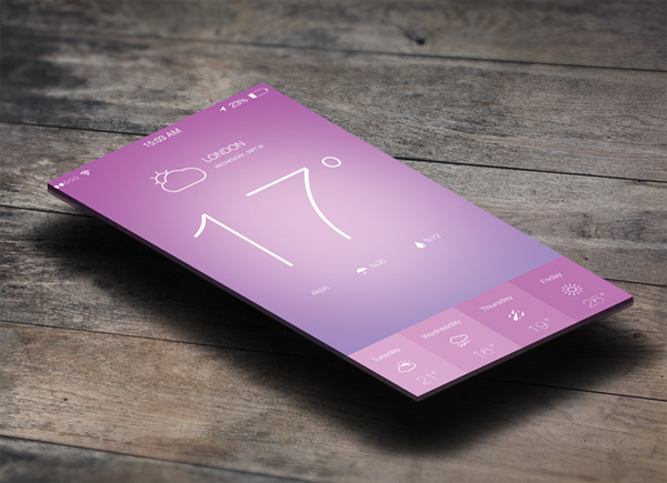 Minimal iOS 7 Weather App Design weather widget weather app ui elements temperature purple psd minimal menu ios7 ios 7 interface free download free forecast download app   