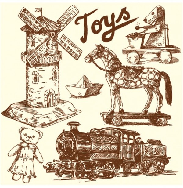 Vintage Hand Drawn Toys Vector Graphics windmill vintage toys vintage vector unique toys stylish sketched quality pull toy original old train illustrator high quality hand drawn graphic free download free download creative child's vintage toy   