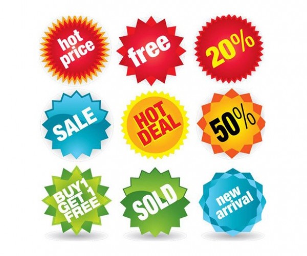 9 Colorful Sales Labels/Stickers Vector Set web unique ui elements ui tag stylish stickers star shape simple sale round quality original online store new modern label interface hi-res HD fresh free download free elements download discount detailed design creative colorful clean   