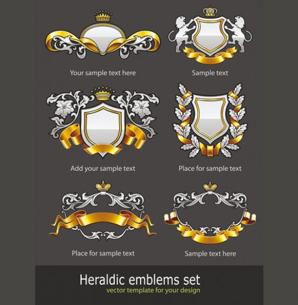 White & Gold Heraldry Badges Vector Set white web vector unique ui elements stylish ribbon quality original new lions interface illustrator high quality hi-res heraldry heraldic HD graphic gold fresh free download free floral elements download detailed design crowns creative banner badge   