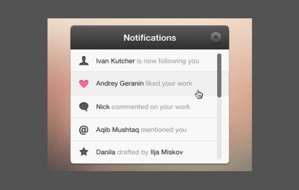 Clean Notifications Widget with Slider PSD white web unique ui elements ui stylish slider quality psd original notifications widget notifications new modern list interface icons hi-res header HD grey fresh free download free elements download detailed design dark creative clean   