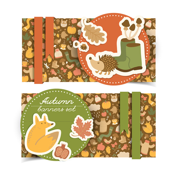 2 Autumn Animal Cutout Banners Set vector set pattern hedgehog hanging ribbons free download free fox banners badge autumn Animal   