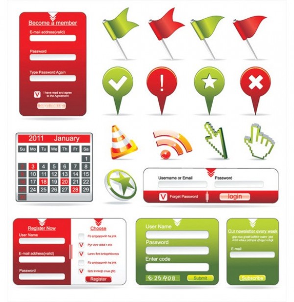Red/Green Web UI Elements Vector Set web vector unique ui elements stylish signin form sign up register form quality pointer pins password original new login forms login interface illustrator icons high quality hi-res HD graphic fresh free download free form flags elements download detailed design creative colorful calendar box   