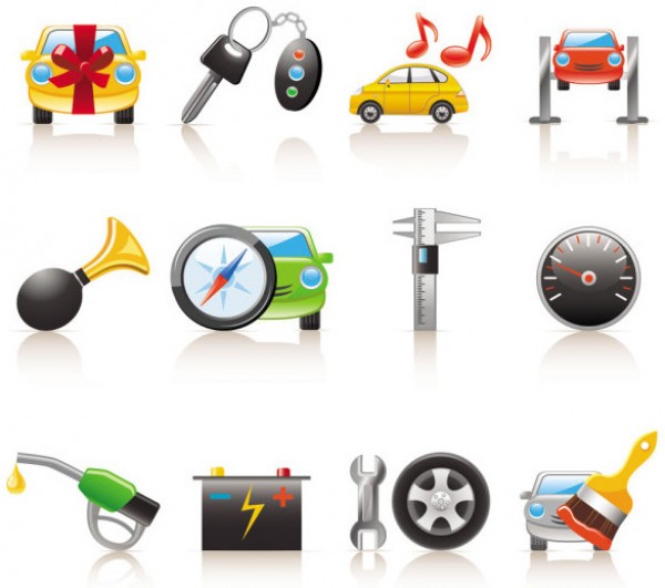 12 Cartoon cars and peripheral products icon pack vector tools tire scales petrol odometer notation Speaker key music key electronic icons gauge fuel free icons filling compass cartoon car icon brush board   