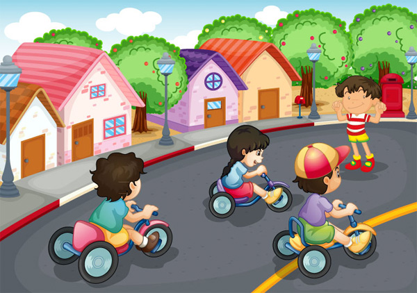 Colorful Cartoon Playing Kids Street Scene web vector unique ui elements tricycles suburbs stylish street quality original new kids interface illustrator high quality hi-res HD graphic fresh free download free eps elements download detailed design creative colorful children playing children cartoon children playing cartoon children bikes background   