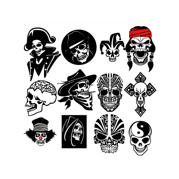 12 Skull Character Vector Illustrations web vector skull vector unique ui elements stylish skull pirate skull drawing skull character skull set quality pirate original new native jester interface indian illustrator illustration high quality hi-res HD graphic gangster fresh free download free evil eps elements download detailed design creative clown brain   