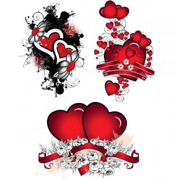 3 World of Hearts Abstract Vector Graphics web vector unique stylish ribbons red quality original illustrator high quality hearts graphic fresh free download free floral download design creative black background   