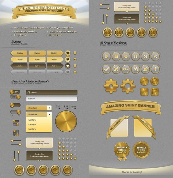 Sunshine Web UI Elements Kit PSD web unique ui set ui kit ui elements ui tooltips text/input fields switches sunshine stylish star rating set quality psd pack original new modern metal kit interface icons hi-res HD golden gold gears fresh free download free fav buttons elements dropdown download detailed design creative clean buttons Brass box banners badges   