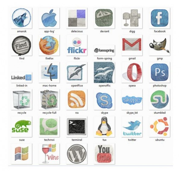 34 FreeHand Colored Social Media Icons Set PNG web unique ui elements ui stylish social set quality original new networking modern media icons interface hi-res HD hand drawn fresh freehand free download free elements download detailed design creative colored clean bookmarking   