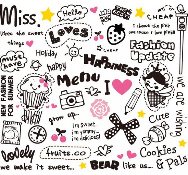 Cute Hand Drawn Vector Design Elements Pack web vector unique ui elements sweet stylish strawberry set quality pack original new kids interface illustrator high quality hi-res HD hand drawn graphic fresh free download free expressions eps elements download detailed design cute design elements cute cupcake creative candies   