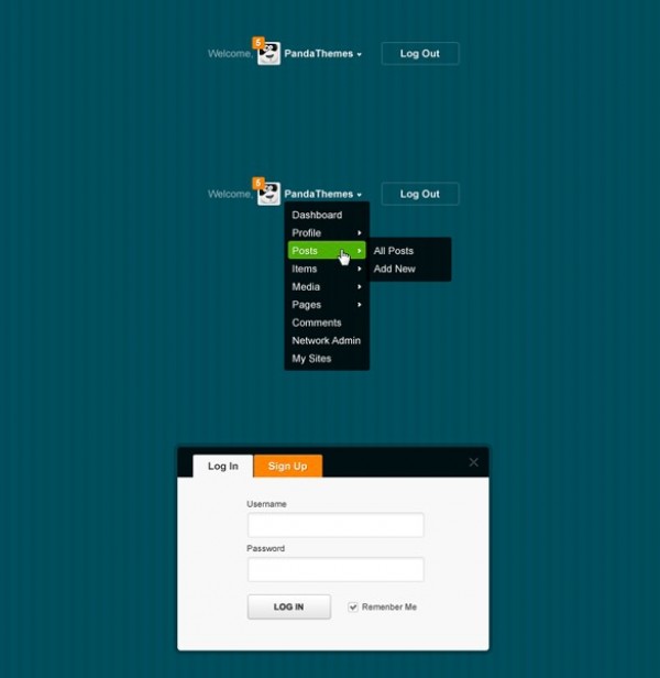 Snazzy Login Box & Dropdown Menu Set PSD web unique ui elements ui stylish quality psd panel original new modern menu login logged in log out interface hi-res HD fresh free download free elements dropdown download detailed design creative clean box admin menu   