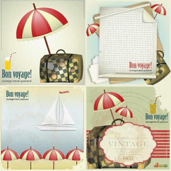 4 Vintage Bon Voyage Postcards Vector Set web vintage postcards vector unique umbrella ui elements travel stylish set sailboat quality postcards original ocean new luggage interface illustrator high quality hi-res HD graphic fresh free download free eps elements download detailed design creative cocktail bon voyage   