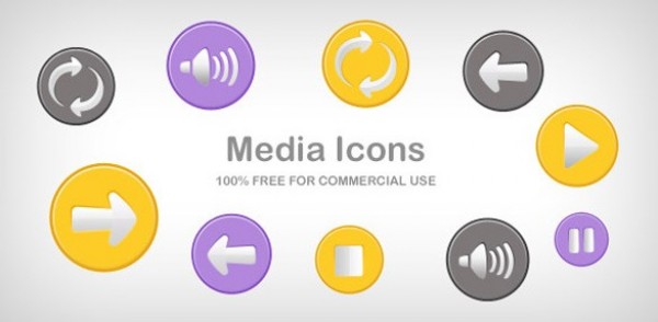 10 Stylish Media Button Icons Set PNG yellow web unique ui elements ui stylish stop speaker round quality purple psd png player Play pause original new modern media icons media interface icons hi-res HD grey fresh free download free elements download detailed design creative clean buttons   
