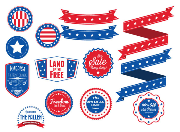 American Flag Ribbons & Badges Set white stripes stickers stars ribbons red flag blue badges american   