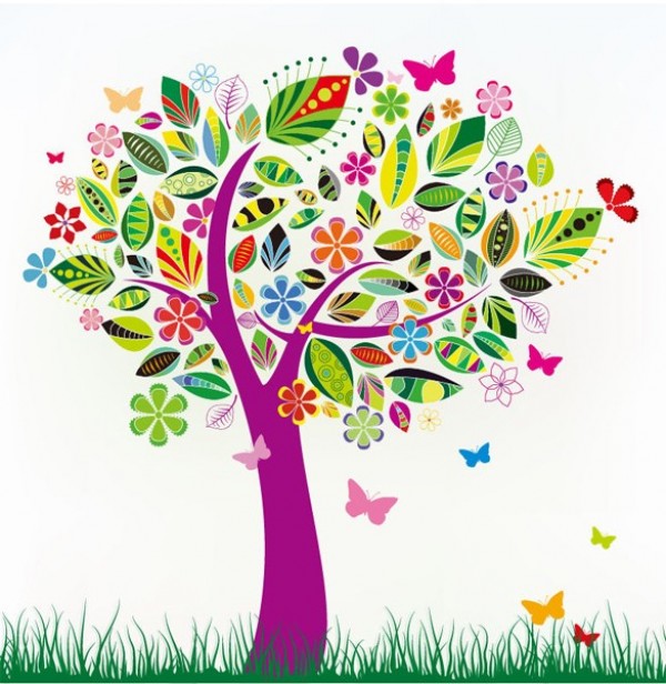 Colorful Abstract Tree with Butterflies Vector Design web vector unique ui elements tree stylish spring quality pink patterned original new leaves interface illustrator high quality hi-res HD grass graphic fresh free download free flowers floral elements download detailed design creative colorful butterfly butterflies background abstract tree   