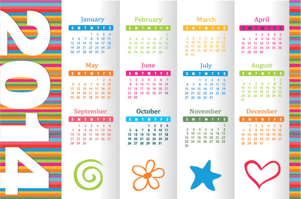 Colorful Striped 2014 Year Calendar year vector stripes icons free download free Colours colors colorful calendar 2014   