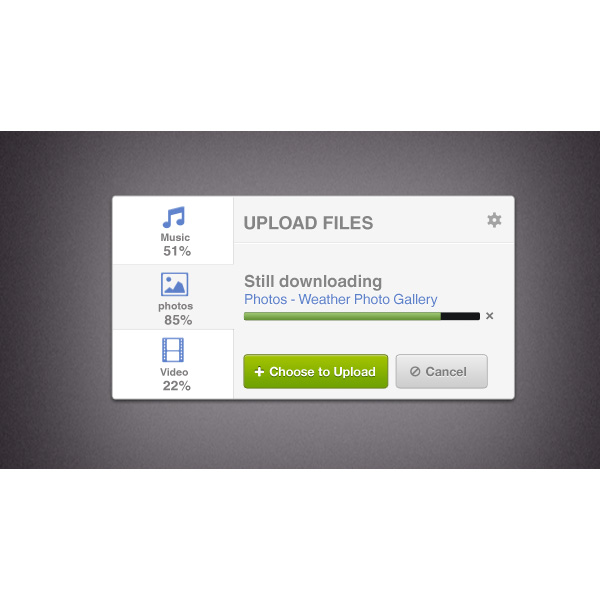 Perfect Mini Upload Widget PSD/CSS widget web video uploader upload app upload unique ui elements ui stylish quality psd progress bar pictures original new music modern mini interface hi-res HD fresh free download free file upload elements download detailed design css/html creative clean buttons   