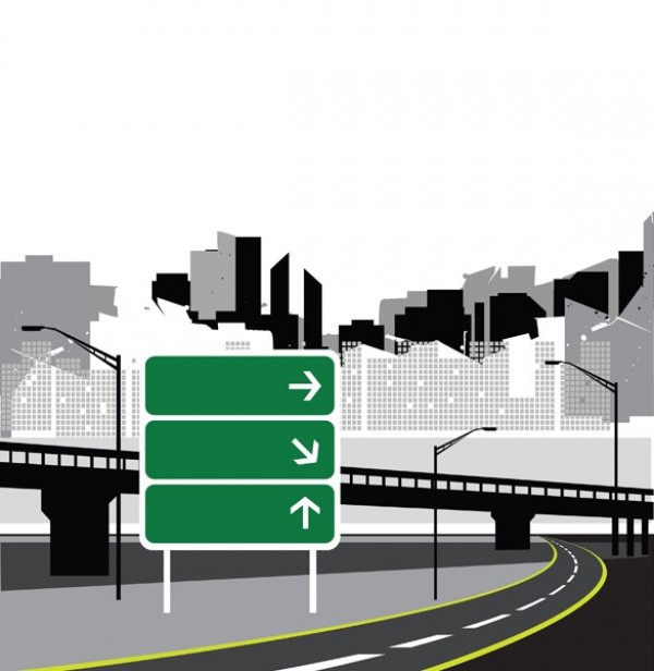 City Skyline with Road Sign Vector Background web vector unique ui elements stylish sign road sign road quality overpass original new interface illustrator highway high quality hi-res HD graphic fresh free download free eps elements download detailed design creative cityscape city skyline city buildings background ai   