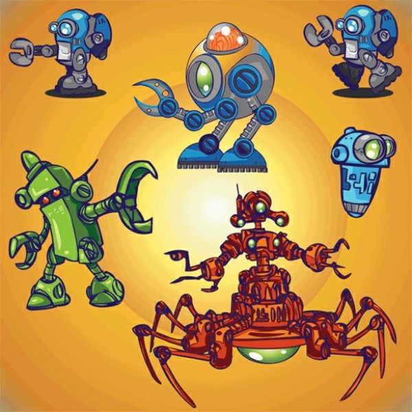 6 Character Action Robots Vector Design Set web vector unique ui elements stylish set robot quality pincer original new interface illustrator high quality hi-res HD graphic futuristic fresh free download free eps elements download detailed design creative character cartoon ai action robot action   