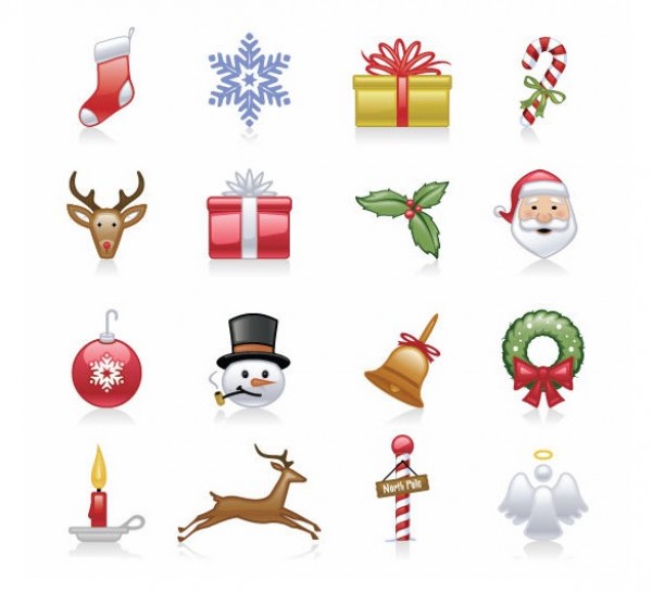 16 Glossy Christmas Vector Icons Set web vector unique ui elements stylish stocking snowman set santa reindeer quality original north pole new interface illustrator icons icon high quality hi-res HD graphic gift fresh free download free elements download detailed design creative christmas icons christmas bell angel   
