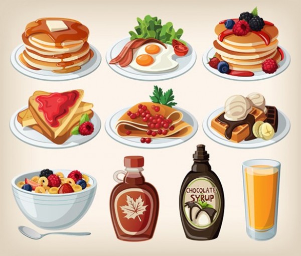 Cartoon Breakfast Food Items Vector Set web waffles vector unique ui elements syrup stylish set quality plate pancakes original new juice interface illustrator high quality hi-res HD graphic fresh free download free eps elements download detailed design crepes creative cereal cartoon breakfast breakfast bacon and eggs   