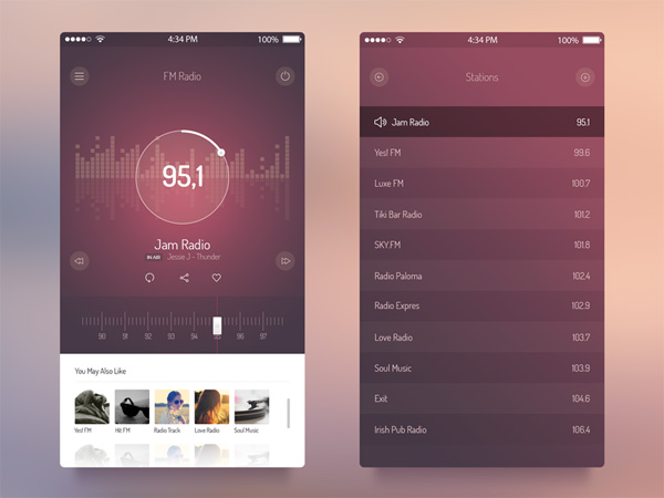 FM Radio iOS 7 App Widget widget ux ui elements ui stations radio iphone ios7 ios 7 free download free fm radio ios7 fm radio equalizer dial app   