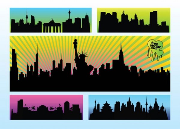 5 Modern Cityscapes Silhouette Vector Backgrounds web vector unique ui elements tropical stylish Statue of Liberty skyline silhouette quality original new york new interface illustrator high quality hi-res HD greece graphic fresh free download free elements download detailed design creative cityscape city background. middle east   