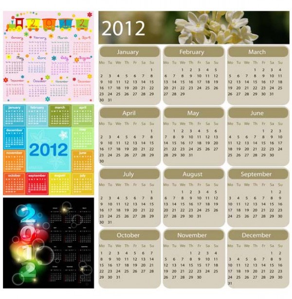 4 Fresh 2012 Yearly Calendar Vector Set yearly year 2012 year web vector unique ui elements stylish quality original new interface illustrator high quality hi-res HD graphic fresh free download free elements download detailed design creative childrens calendar bubble abstract 2012   