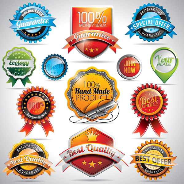 13 High Quality Labels and Stickers Vector Set vector stickers special offer set scalloped ribbon quality money back guarantee labels free download free ecology banners badges awards   