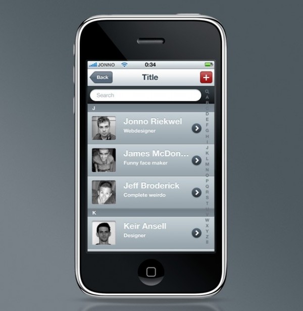 Clean iPhone Contact List with Avatar PSD web unique ui elements ui stylish quality psd original new names modern list iphone contacts iphone interface hi-res HD gui fresh free download free elements download detailed design creative contact list contact clean avatar   