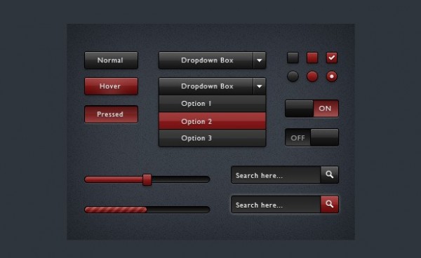 Red & Black Web UI Kit PSD web unique ui kit ui elements ui stylish slider simple red quality progress bar original new modern interface hi-res HD fresh free download free elements dropdown download detailed design dark creative clean buttons black   