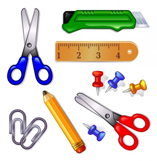 Colorful School Supplies Vector Icons web vector unique tack stylish stationary scissors school supplies ruler quality pushpin pin pencil paperclip original office supplies illustrator high quality graphic fresh free download free download design creative   