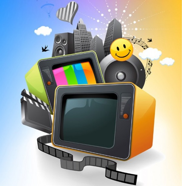Colorful Media Entertainment Vector Graphic web vector unique tv television stylish speakers skyline retro quality original music movies media illustrator high quality graphic fresh free download free film eps download design creative city skyline background   