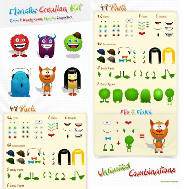 Mix n Match Monster Creation Kit PSD web unique ui elements ui stylish set quality psd original new monster character monster cartoon characters monster modern interface icon hi-res HD fresh free download free elements download detailed design creative creation kit clean cartoon   