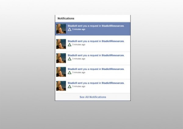 Clean Facebook Notification List Interface PSD web unique ui elements ui stylish quality psd original notification new modern list interface hi-res HD fresh free download free facebook notification facebook elements download detailed design creative clean avatar   