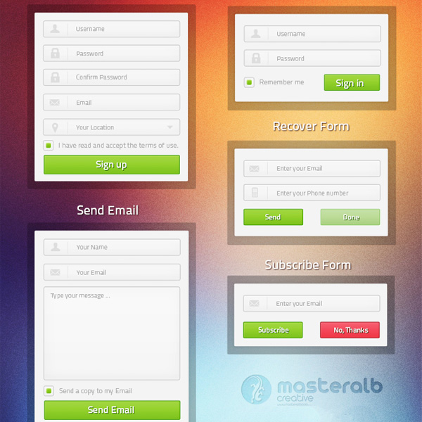 5 Clean Flat Web UI Forms Set PSD web unique ui elements ui subscribe stylish simple set register recover quality psd original new modern minimal login interface hi-res HD green button fresh free download free forms flat field email form elements download detailed design creative clean   