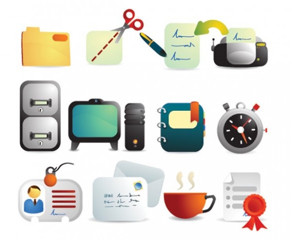 Funky Vector Office Supplies Icons Set web vector unique ui elements stylish quality original office icons office new interface illustrator icons high quality hi-res HD graphic fresh free download free elements download detailed design creative coffee cup icon   