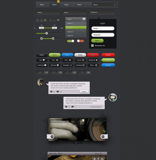 Incredible Detail Dark Web UI Elements Kit PSD web elements set web video player unique ui set ui kit ui elements ui tooltips stylish social share button social share set selector slider search field radio buttons quality psd progress bar pack original on/off toggles new navigation menu modern login form interface input fields image slider hi-res HD fresh free download free elements dropdown download detailed design dark ui kit dark creative comment boxes clean checkboxes buttons avatars   