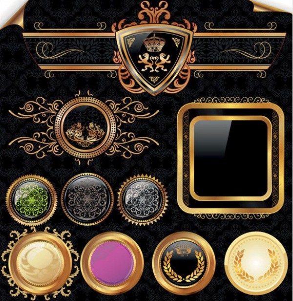 10 Glossy Vintage Elegant Vector Badges web vintage vector unique ui elements stylish shields quality original new lions interface illustrator high quality hi-res heraldry HD graphic golden gold fresh free download free frames flourishes elements download detailed design creative buttons badges   